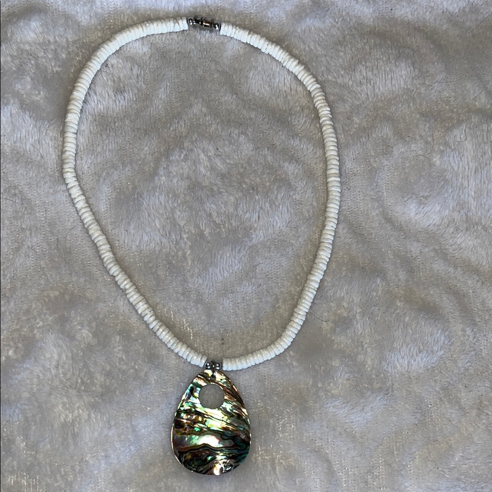 White Beaded Necklace with Abalone Teardrop Pendant